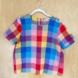 Madewell Boxy Button-Back Top in Rainbow Gingham Plaid Check M
